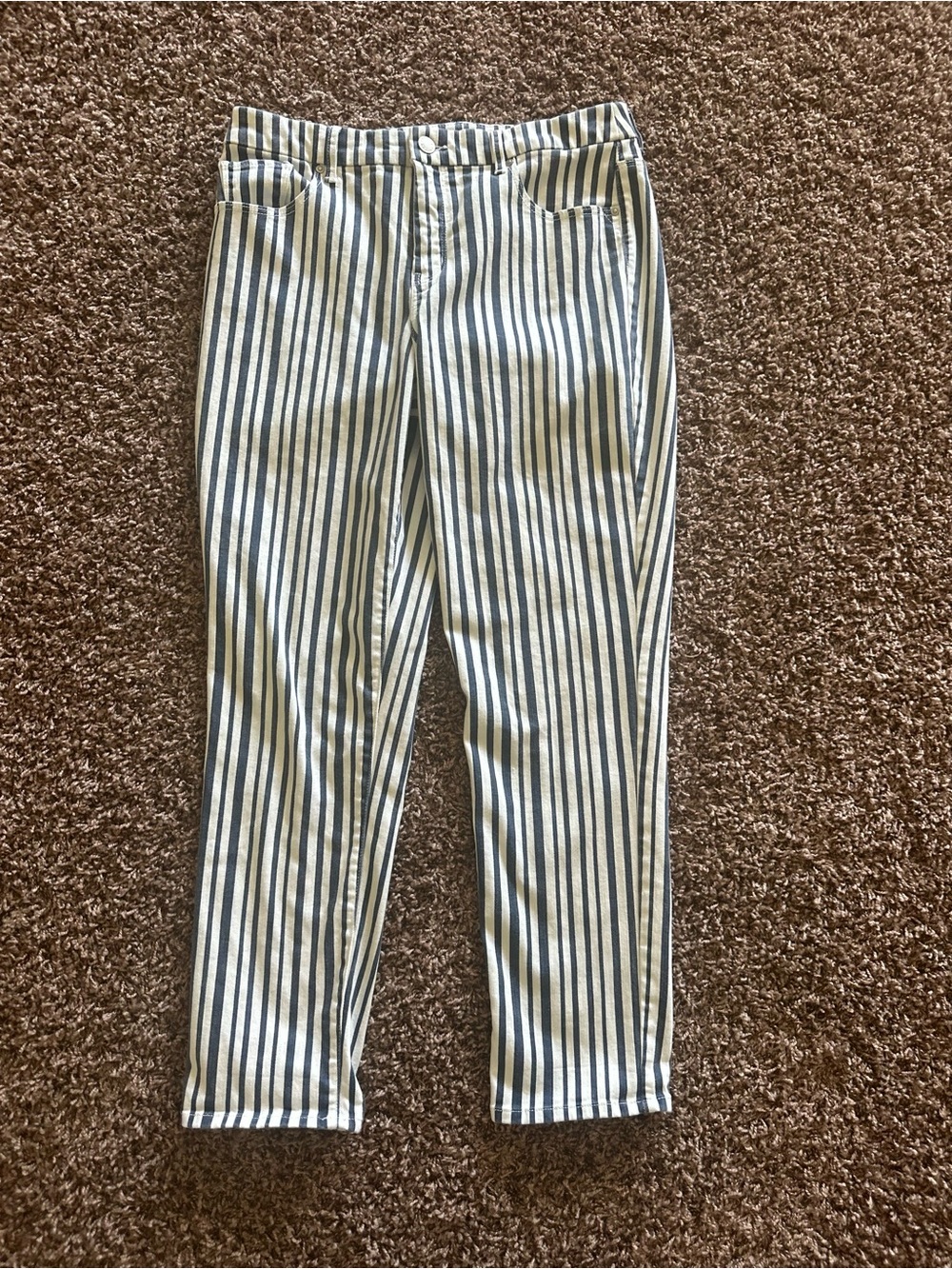 Chico's Vertical Blue and White Stripe Straight Leg Jeans